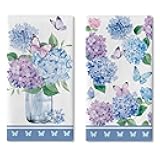 Croar Spring Summer Hydrangea Flower Kitchen Dish Towels Set of 2, Blue Purple Floral Butterfly Drying Hand Towel Baking Cooking Cloth, Watercolor Bathroom Home Decoration 18'' x 26''