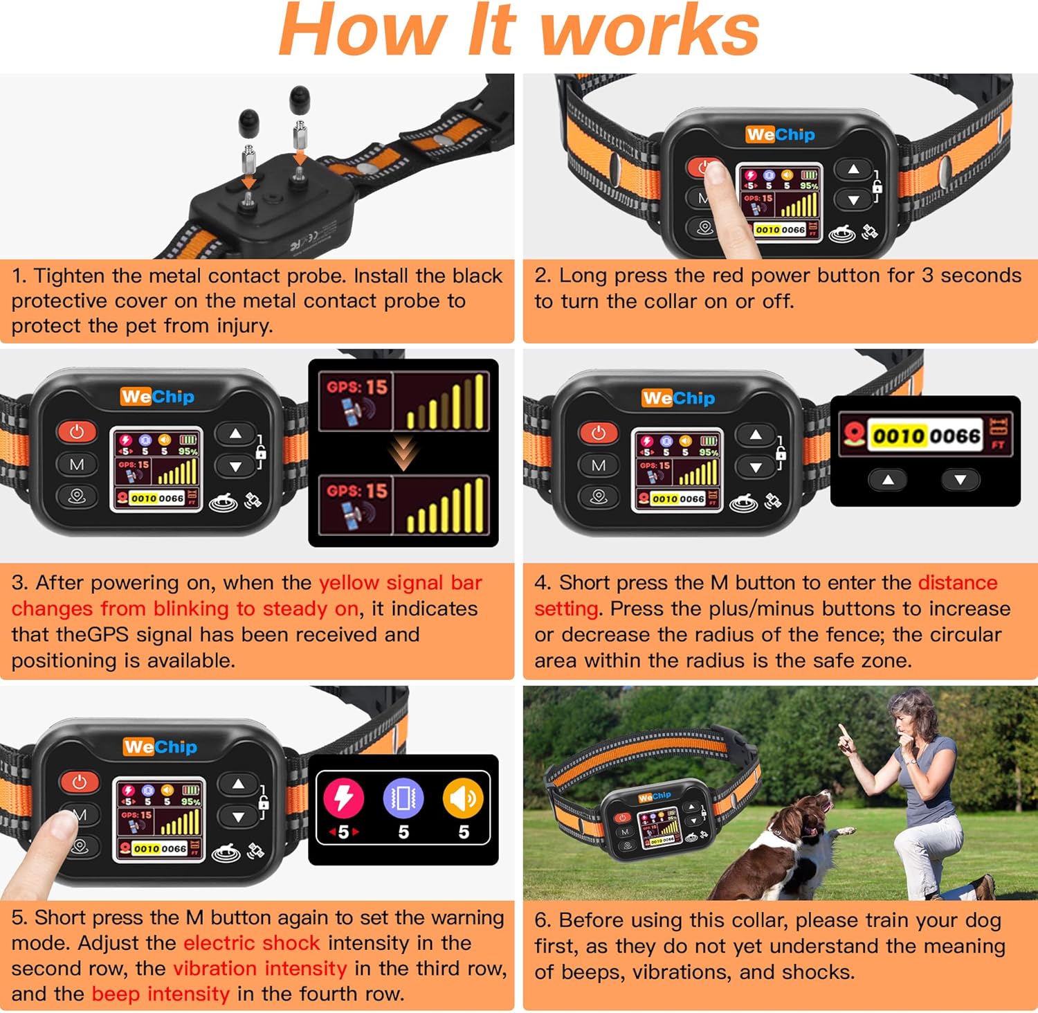 GPS Dog Collar Fence - 3 Modes (0-9 Levels),GPS Dogs Fence 65-6560FT Wireless Boundary, 122H Rechargeable Battery,Waterproof for Lawns, Farms, Beaches & Walks.(Orange)