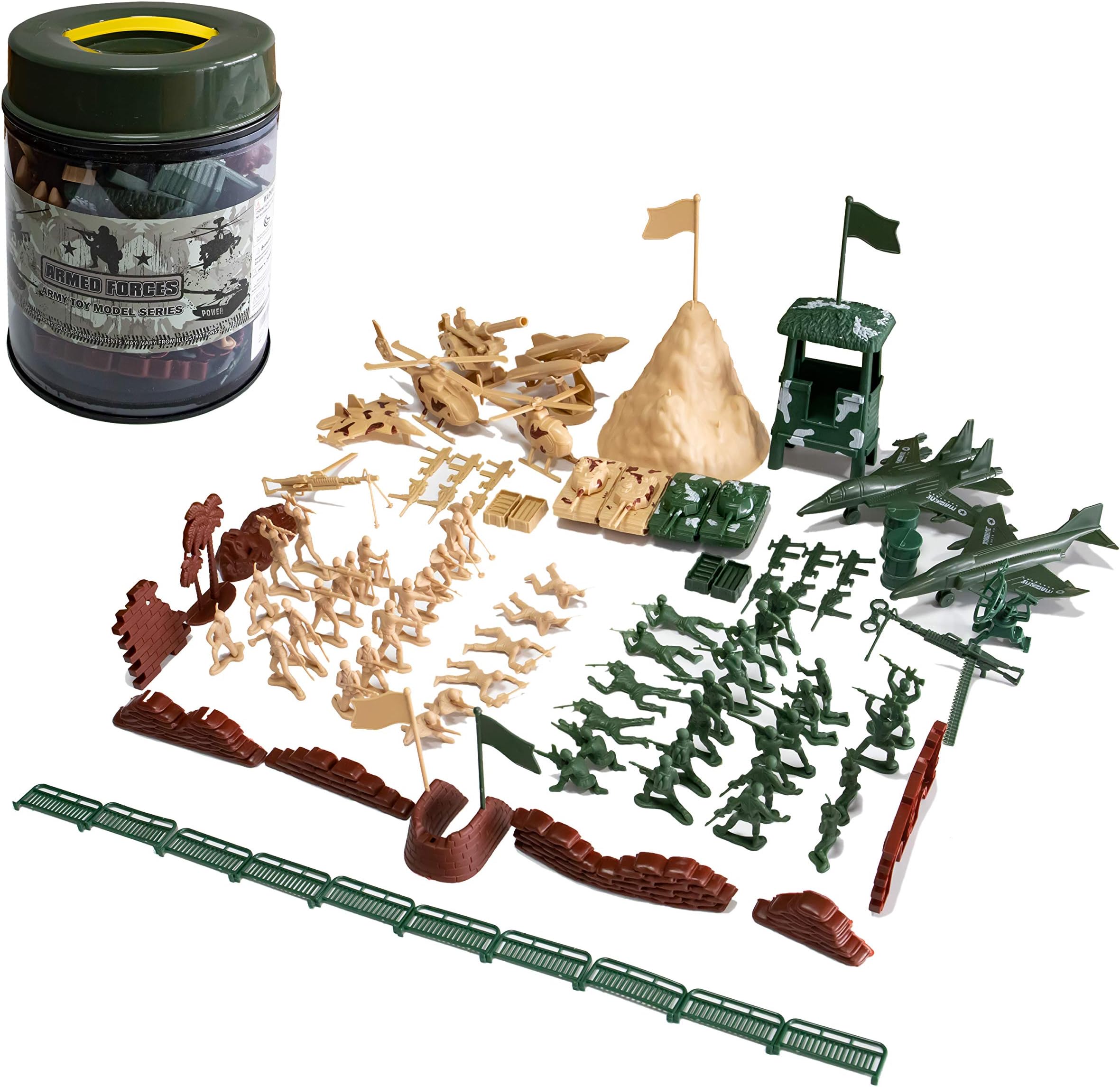 Toy Army Men Set, 107 Pcs Plastic Military Action Figures Combat Battle Playset Bucket with Soldiers, Tank, Plane, Helicopter, Flag, Fence, and Battlefield Accessories for Boys Kids Children