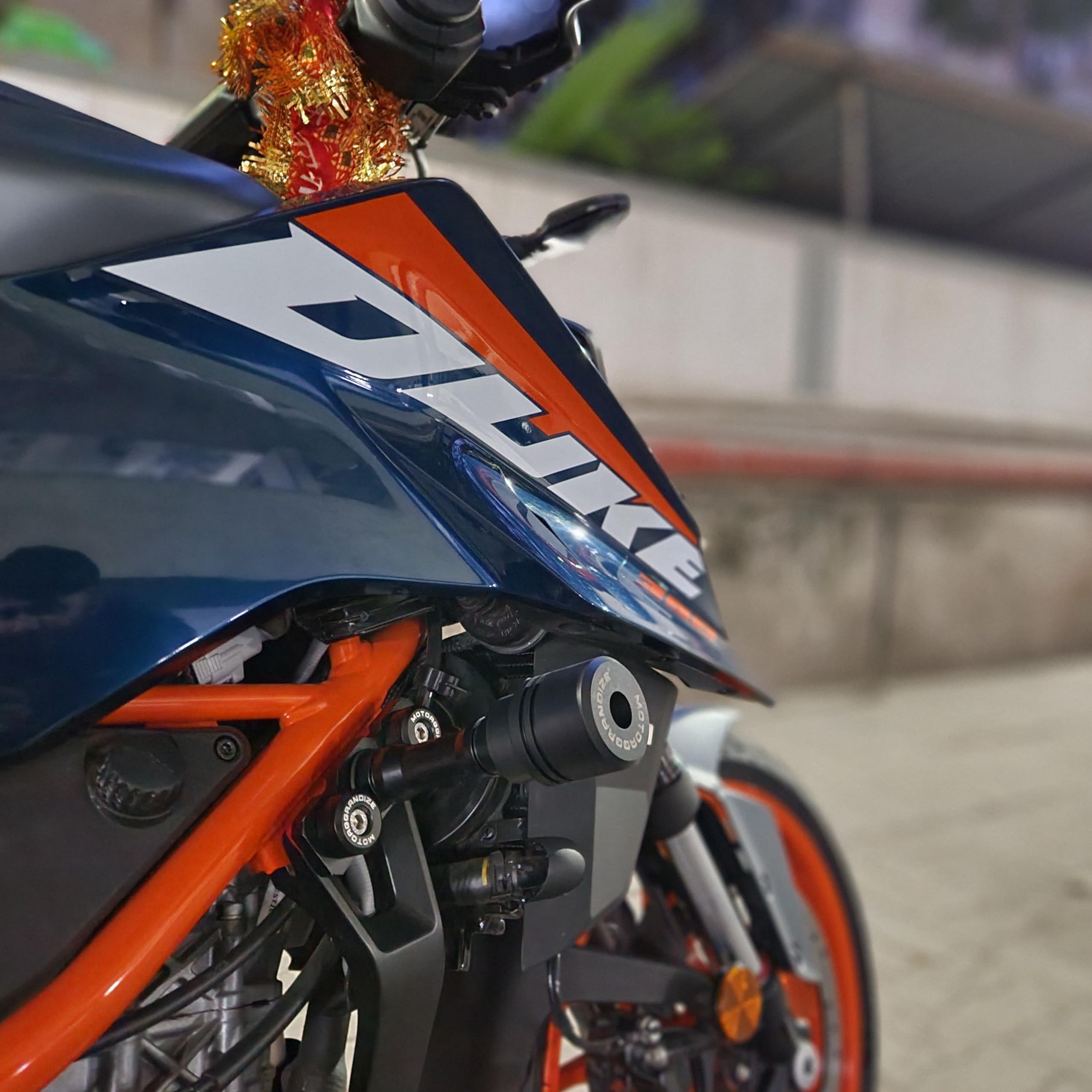 Motoaggrandize Frame Sliders For KTM Duke 125/200/250/390 (Gen 1 & 2) - Crash Protectors, Orange/Black