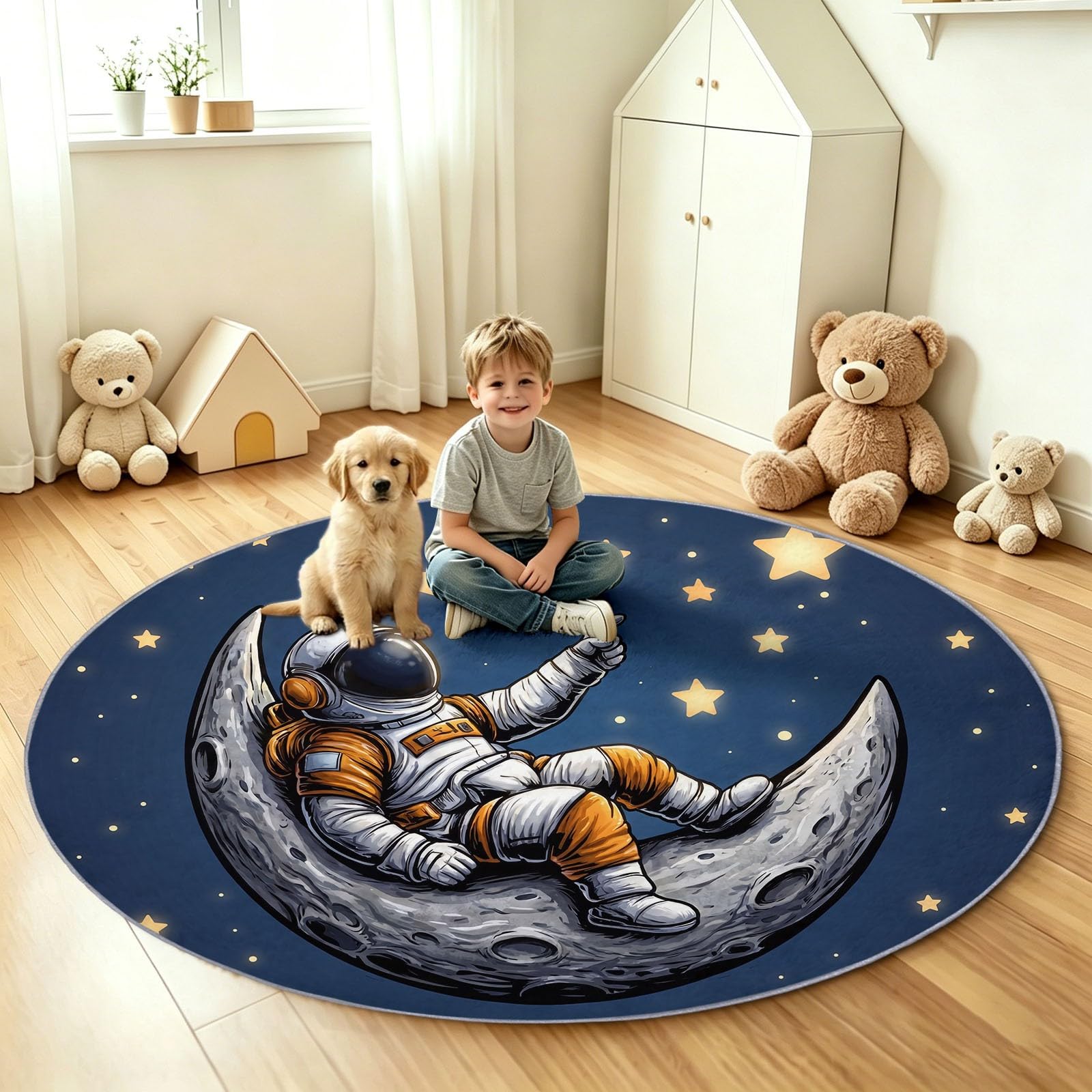 Okrągły dywan z motywem kreskówkowym 60 cm, astronauta, księżyc, gwiazdy, antypoślizgowy, miękki, można prać w pralce, nie gubi włosia, dywany podłogowe do sypialni, salonu, pod krzesło, dla chłopców
