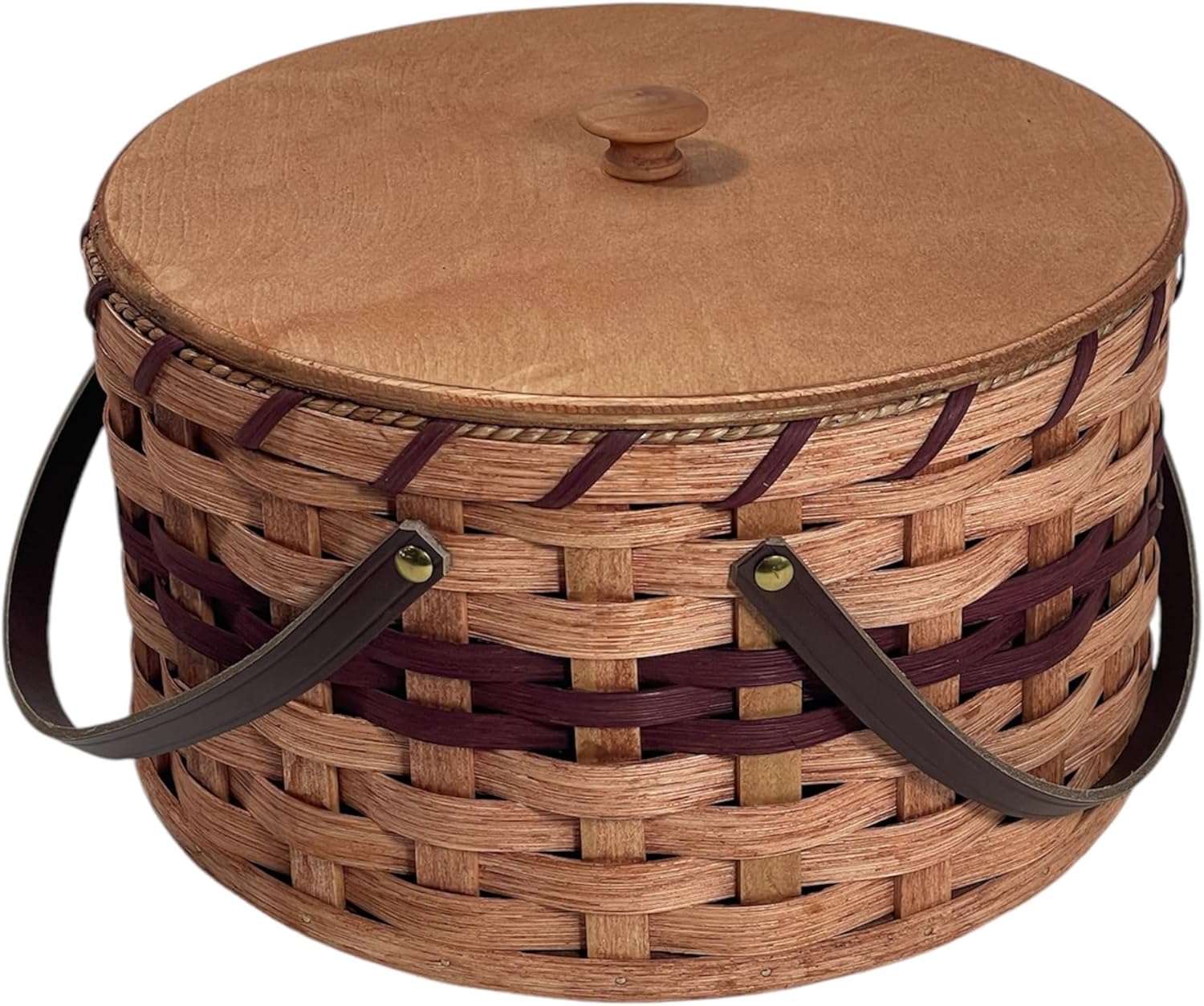 Amish Double Pie Carrier Basket Gingerich Style Round Oak Leather Swinging Carrier Handles (Wine)
