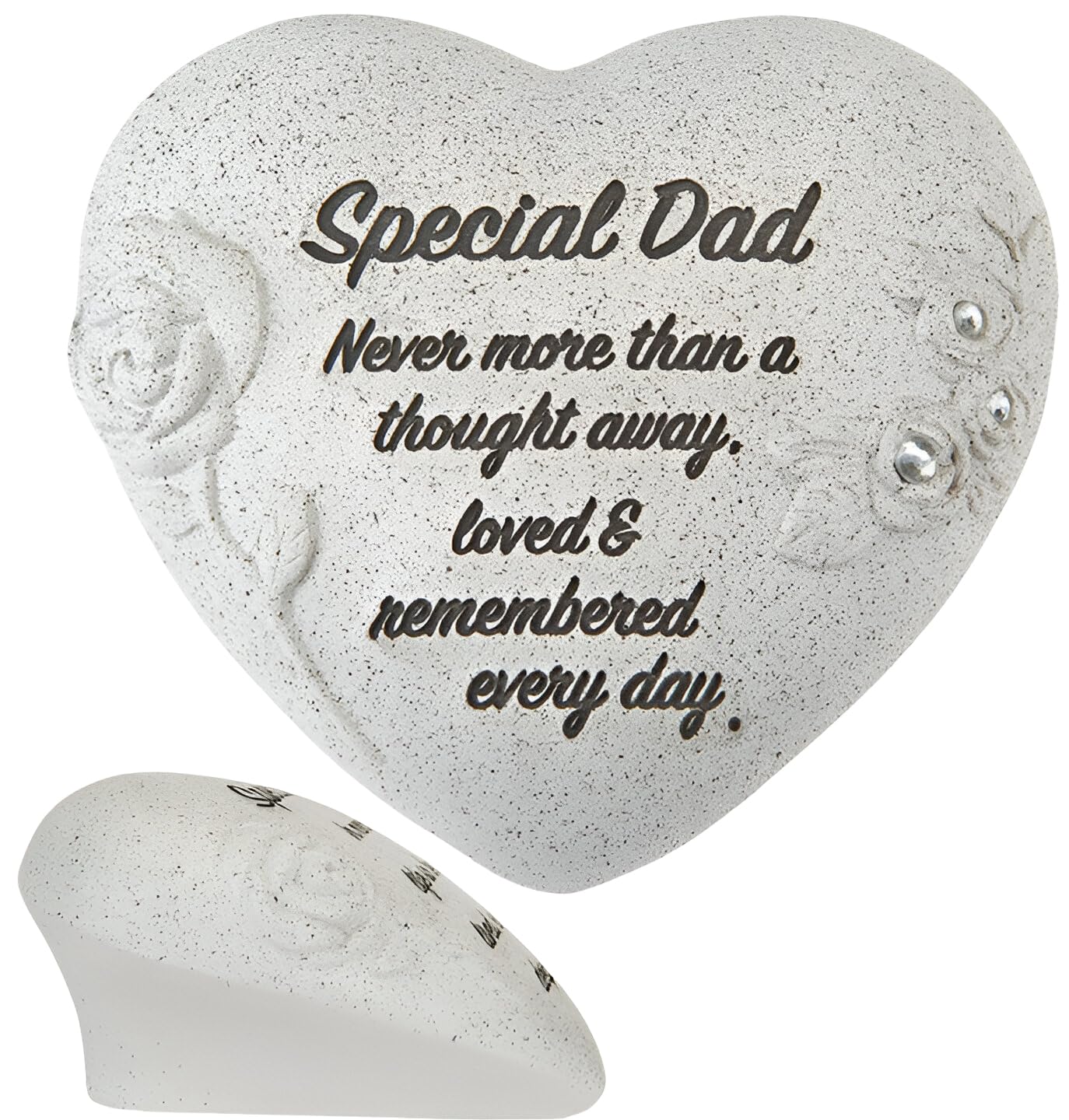 Special Dad Memorial Heart Ornament with Diamantes & Embossed Roses – Graveside Grave Decoration, Cemetery Ornament, Sympathy Gift for Dad – Funeral Remembrance Tribute Stone Effect Keepsake