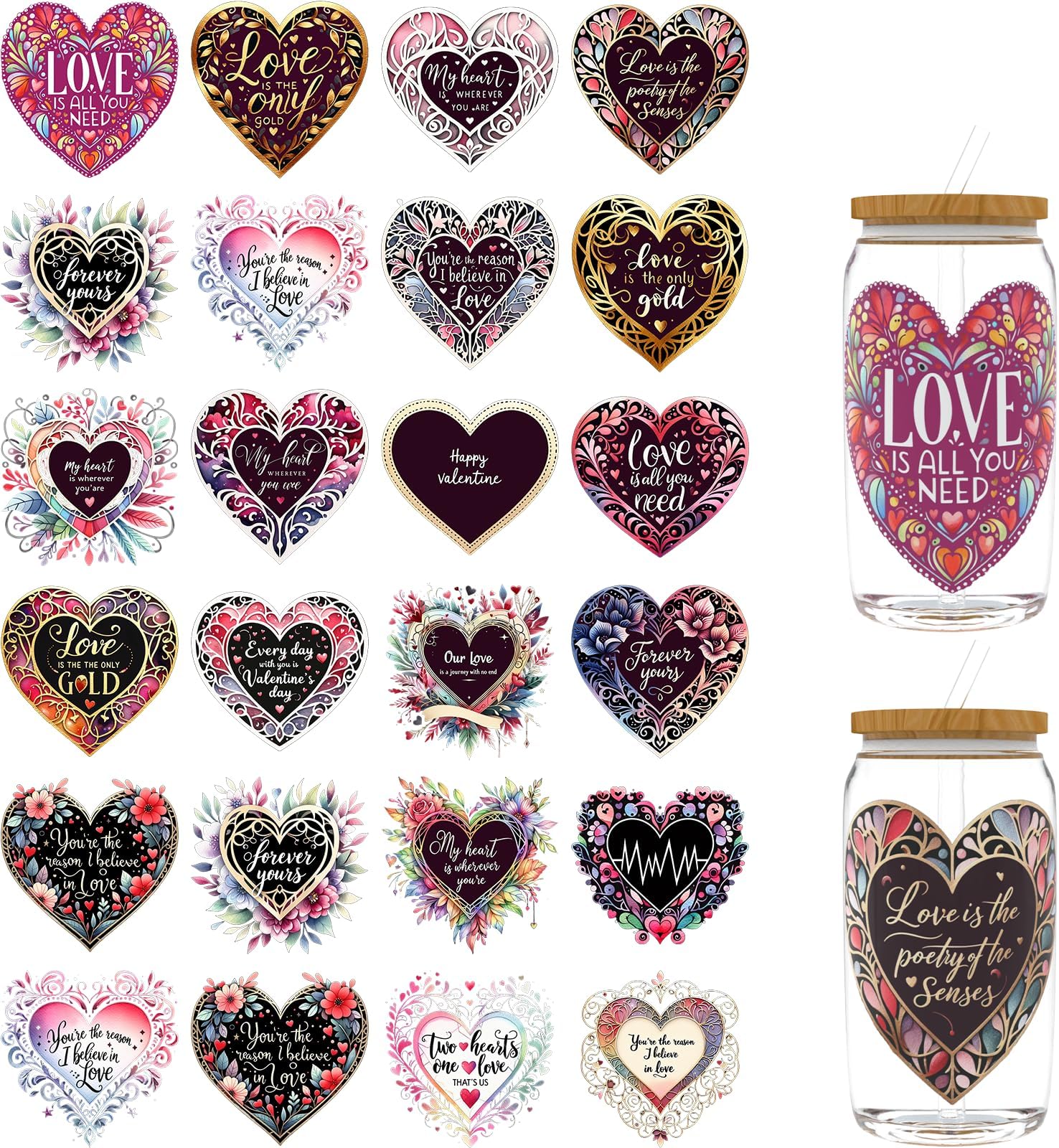 UV DTF Cup Wrap for 16oz Glass, 24 Sheets Valentine's Day Love Heart Rub On Transfers for Coffee Mugs, Decal DIY Tumbler for Furniture DIY Crafts