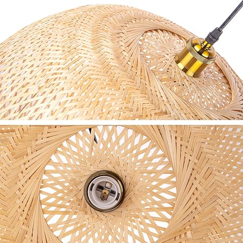 Miniatura 6 de Arturesthome Lámparas colgantes redondas de bambú, lámpara de mimbre tejida a mano, cesta bohemia para colgar en la cocina, isla de la sala de estar