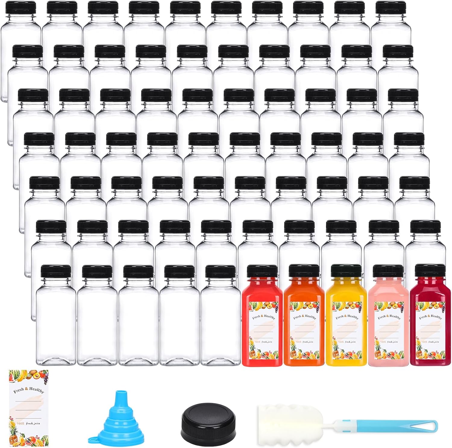 Moretoes 144pcs 4oz Plastic Shot Bottles with Lids, Reusable Ginger Shots Bottles, Clear Bulk Juice Containers with Caps for Juicing, Smoothies, Drinking and Other Beverages