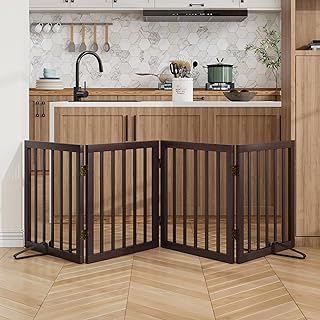 Wooden Dog Gate Freestanding Foldable 4 Panel Pet Gates Extra Wide Dog Gates for Indoor Doorways Stairs 24in Height Support Feet Included
