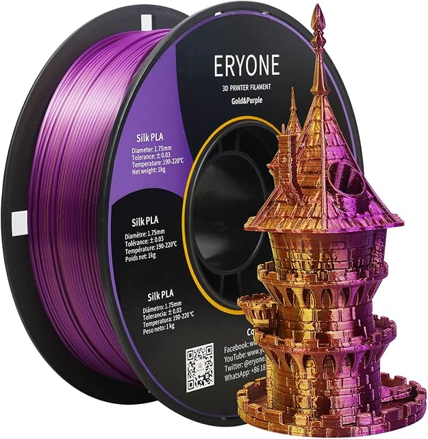 Eryone Silk Dual-Color PLA Filament 1.75mm, 3D Printer Filament PLA, Dimensional Accuracy +/- 0.05mm, 1KG Spool, Silk Gold&Purple