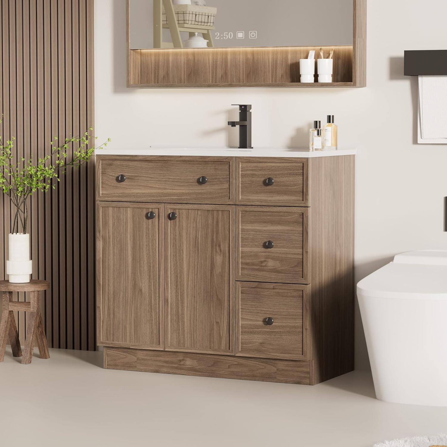 LUCKWIND 36" Bathroom Vanity Sink Combo, Modern Bathroom Cabinet with Undermount Solid Surface Vanity Sink, Soft-Close Hinges & Water-Saving Faucet, Taupe