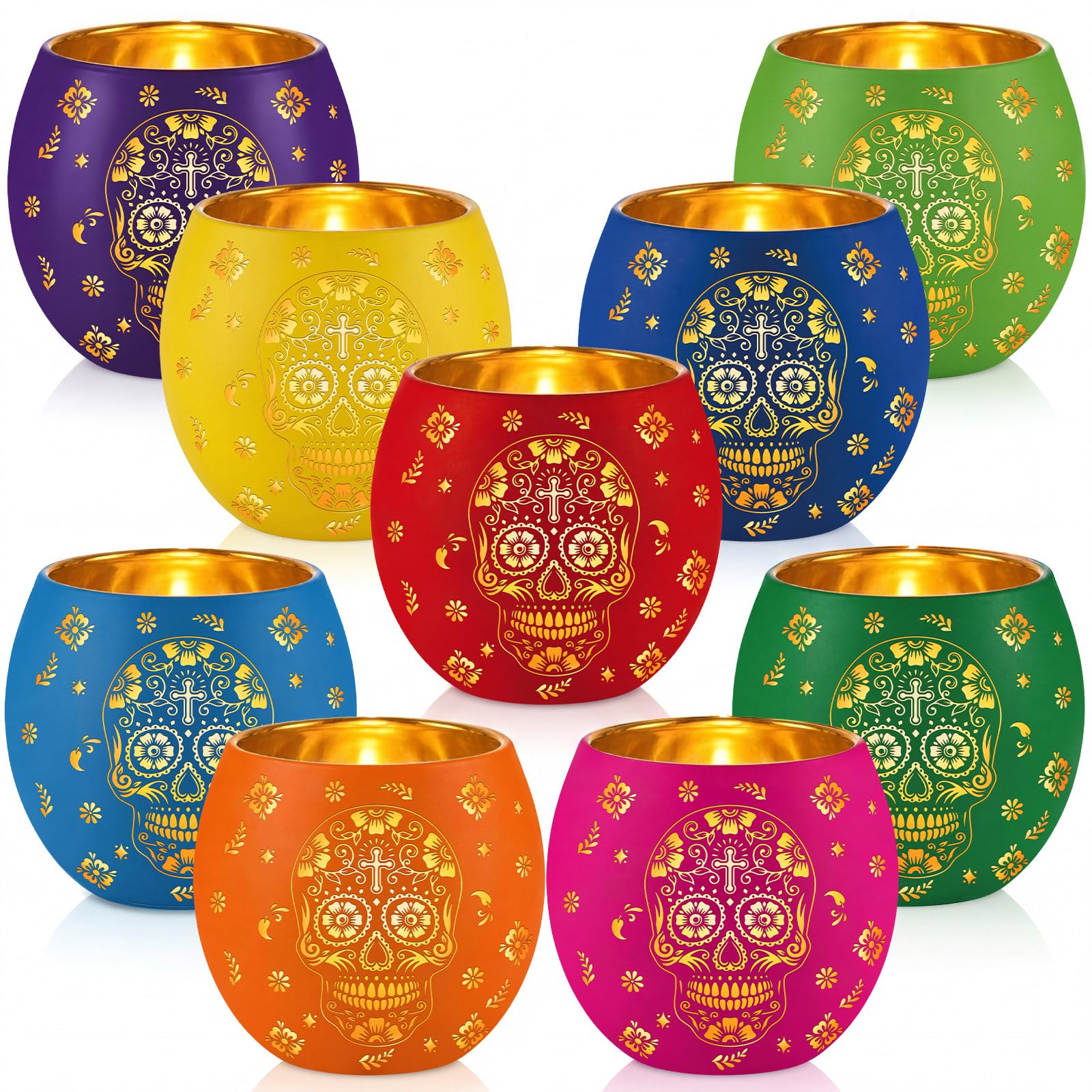 Meanplan Set di 9 portacandele votivi con LED Dia De Los Muertos messicano portacandele con teschio di zucchero e fiori incisi, centrotavola da tavolo per Halloween, carnevale, decorazione per feste