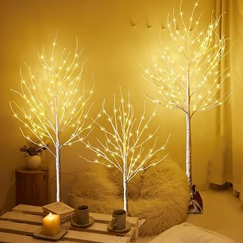 HOLILLUMA Outdoor Christmas Decoration LED Lighted Birch Trees 3 Packs