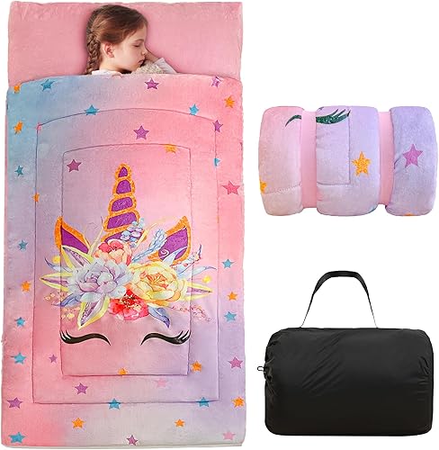 Saco de dormir infantil de unicornio rosa para niñas, diseño floral, diseño de arcoíris, estrella, floral, tapete suave para siesta de forro polar