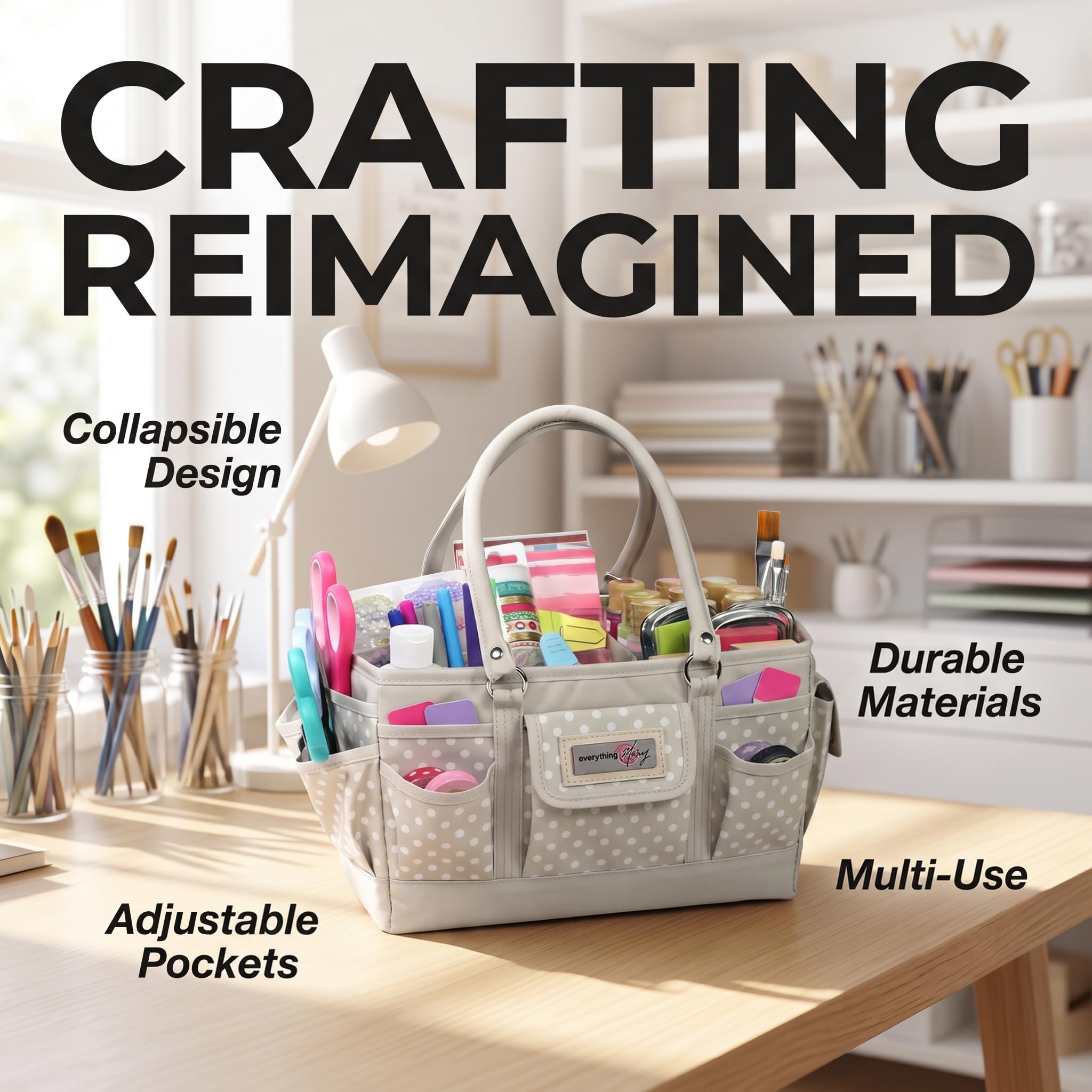 Everything Mary EVM12776-1 Basteltasche, Organizer, Tragetasche, Aufbewahrungskorb für Näh-und Scrapbooking, Bastelbedarf, mit Griff für Zubehör und Werkzeuge, Polyester, Hellbraun gepunktet