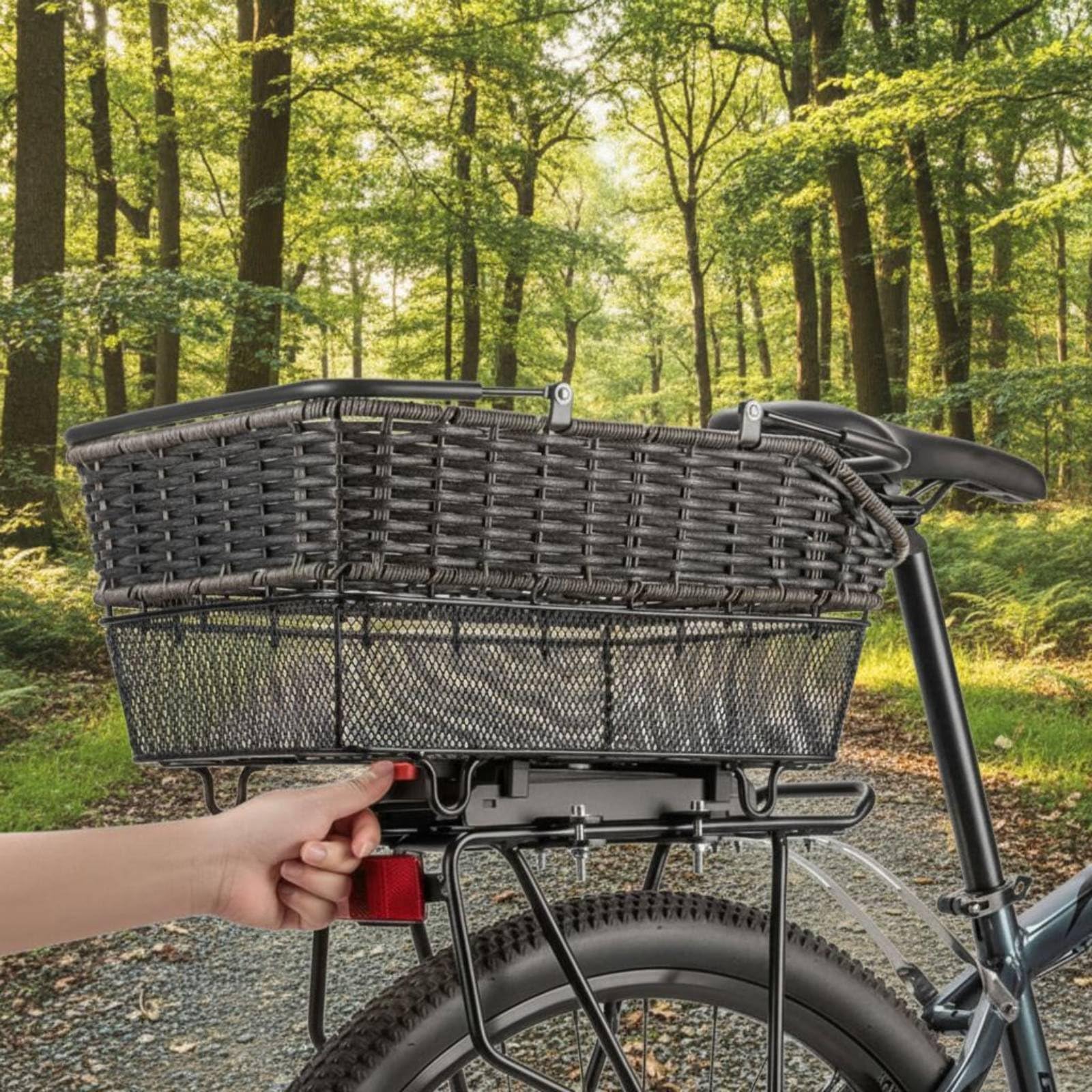 perfk Cestino Posteriore Bicicletta Struttura Ferrosa Fondo Reticolato Rattan Plastico d'Imitazione Liner Impermeabile Protettivo Rilascio Rapido per Professionisti Trasporto Oggetti