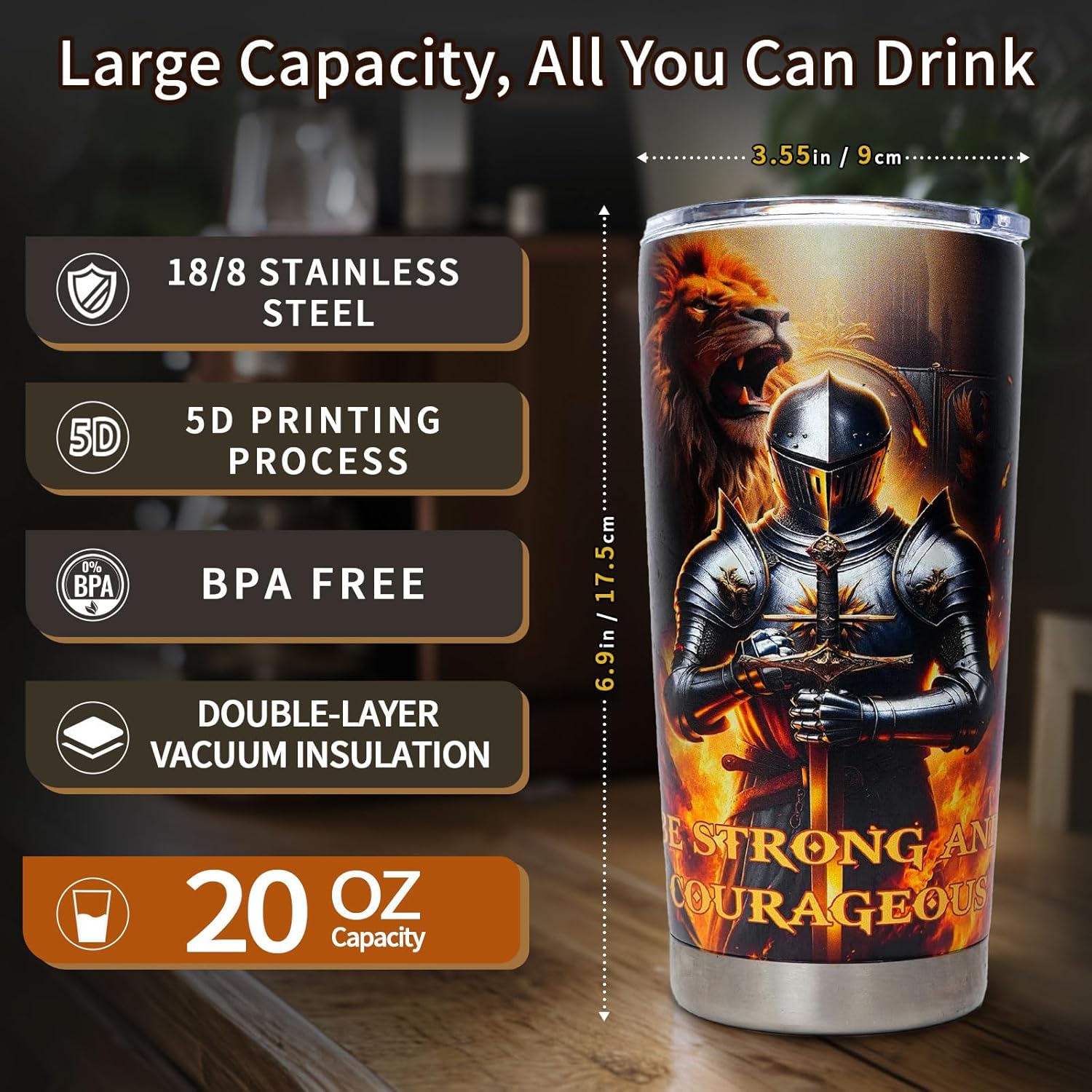 20 Oz Stainless Steel Tumbler, Double-Layer 304 Vacuum Insulated Cup | Leak-Proof Lid Reusable Insulated Mug with Straw, Keeps Hot and Cold for Home, Office, Travel and Car (Knight) - Image 2