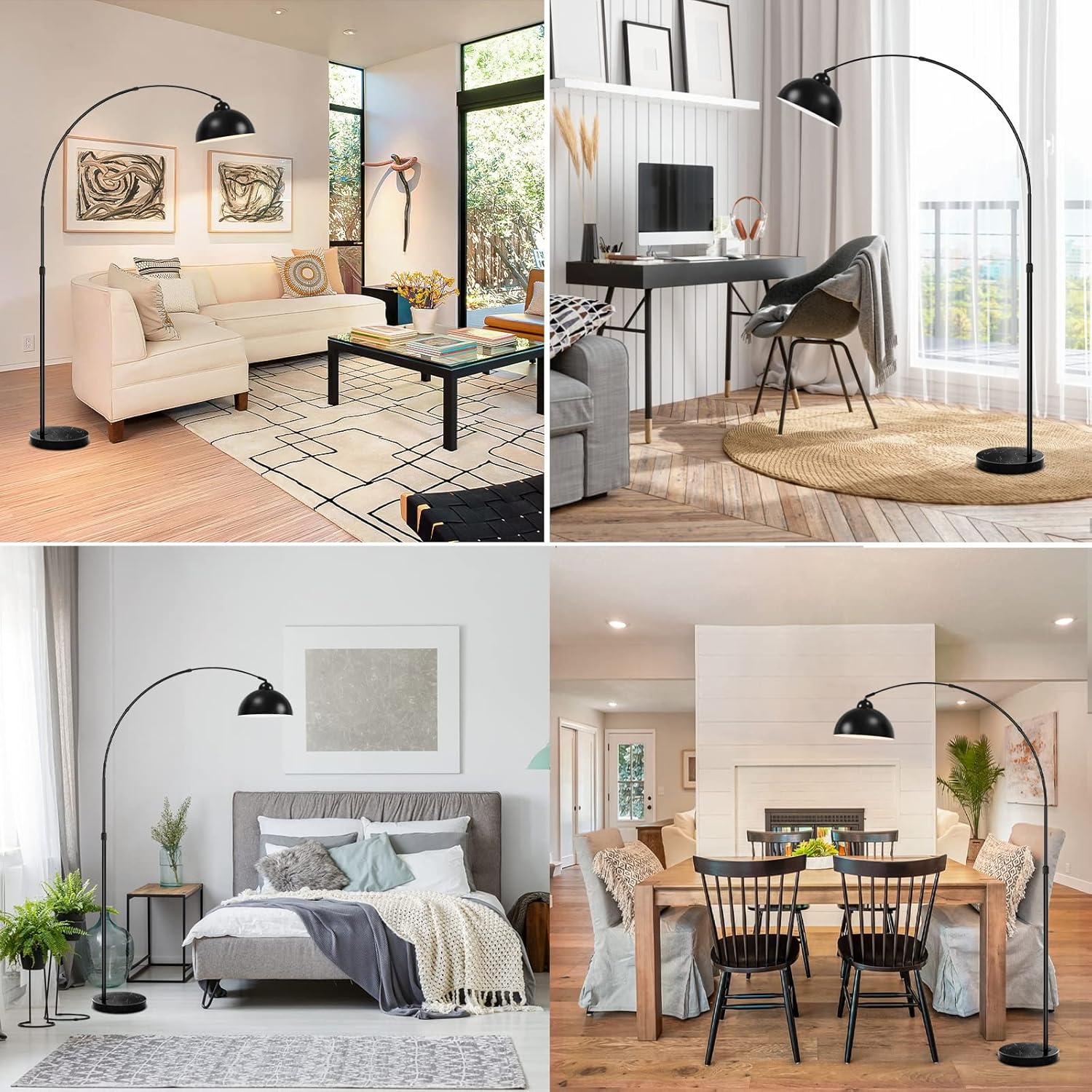Modern Arc Floor Lamp with Metal Hanging Dome Shade, Industrial Adjustable Over the Couch Stand Up Light, Marble Base Farmhouse Tall Task/Reading Standing Lamp for Living Room Bedroom Office, Black