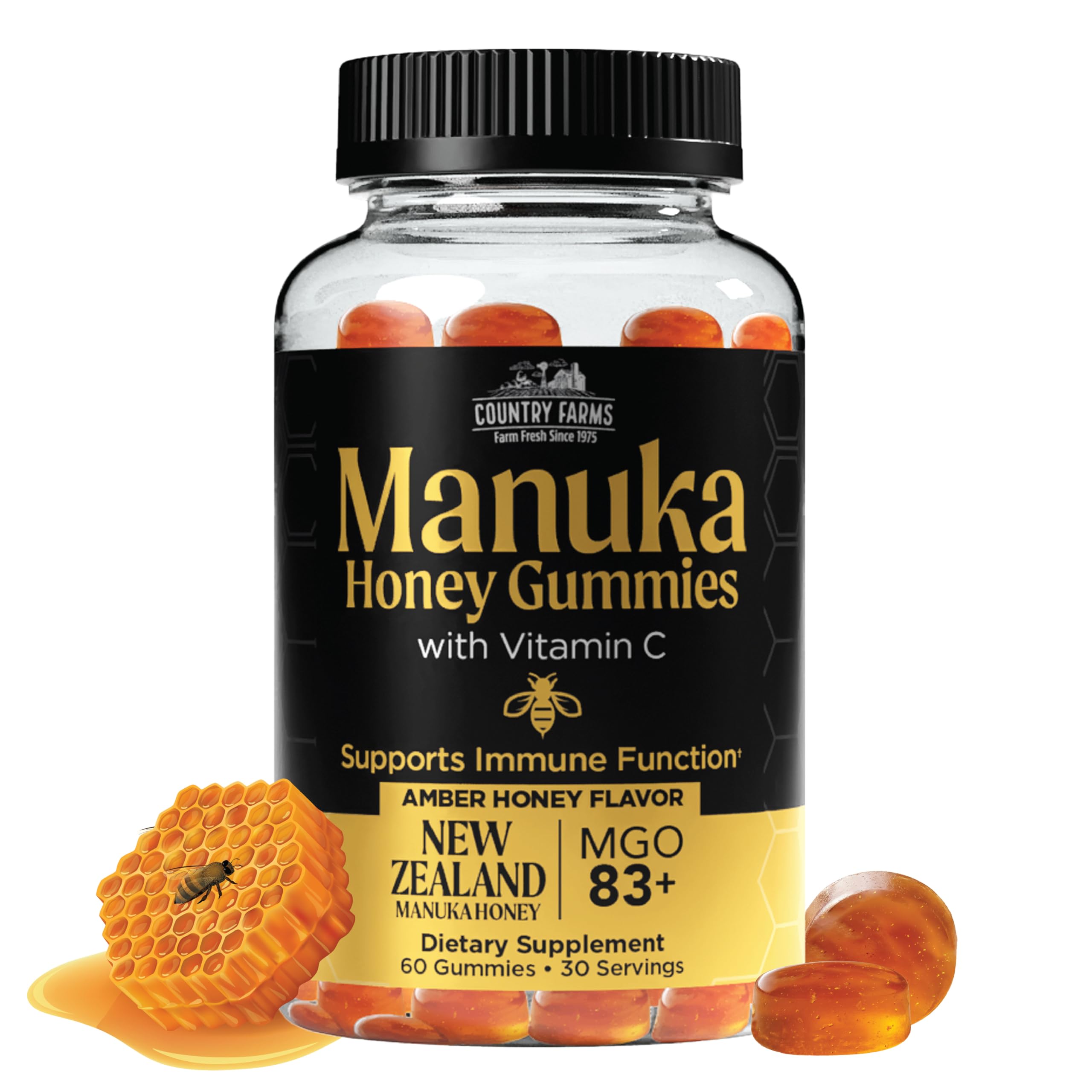 Country Farms Manuka Honey Gummies with Vitamin C – New Zealand Manuka Honey MGO 83+ – Immune Support Supplement, Organic Honey Gummies, Raw Honey Alternative, 60 Count (30 Servings)