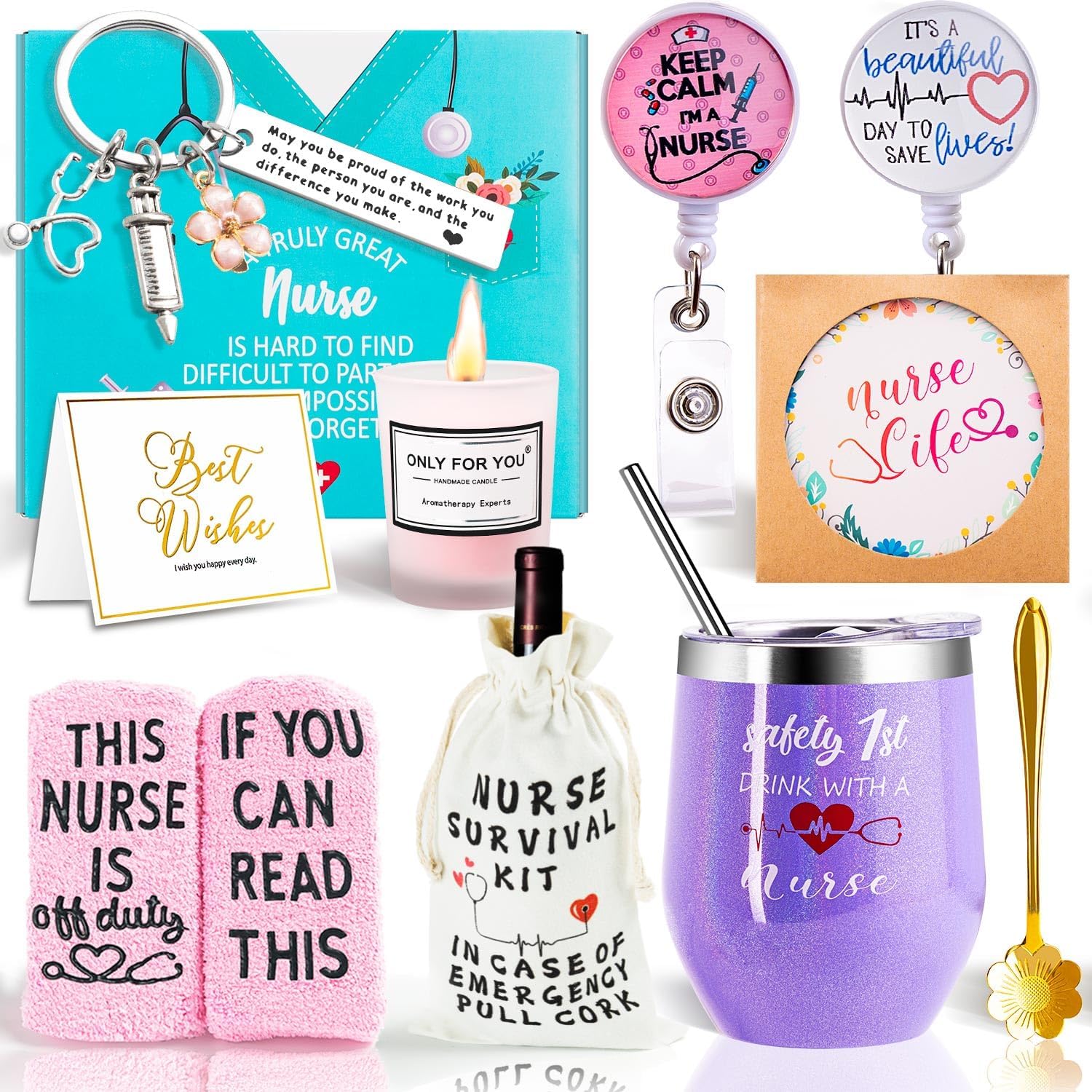 Nurse Gifts - Nurse Appreciation, Graduation, Christmas - Wine Tumbler, Socks, Badge Holder Reel (Glossy Purple)