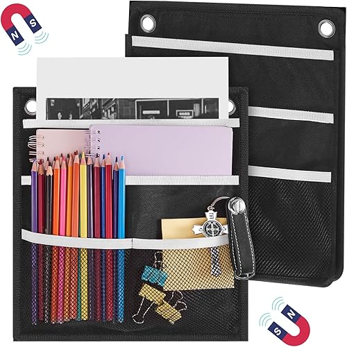 Henoyso Organizador magnético para taquillas, 2 unidades, 4 compartimentos, soporte magnético para papel, 3 niveles, bolsillo para archivos,