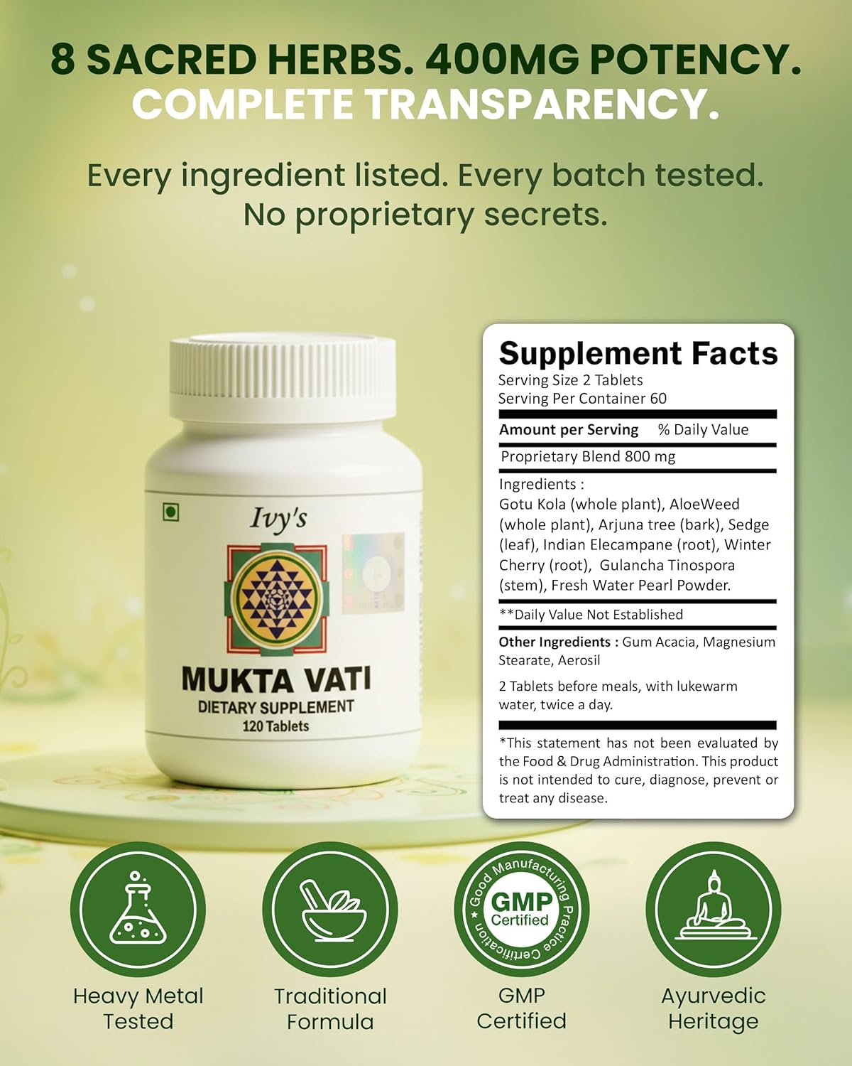 Ivy's Mukta Vati 120 Tablets - Potent Ayurvedic Herbal Supplement for Blood Pressure Support & Heart Health with Gotu Kola, Arjuna Bark & More - Talc Free, Laboratory Tested