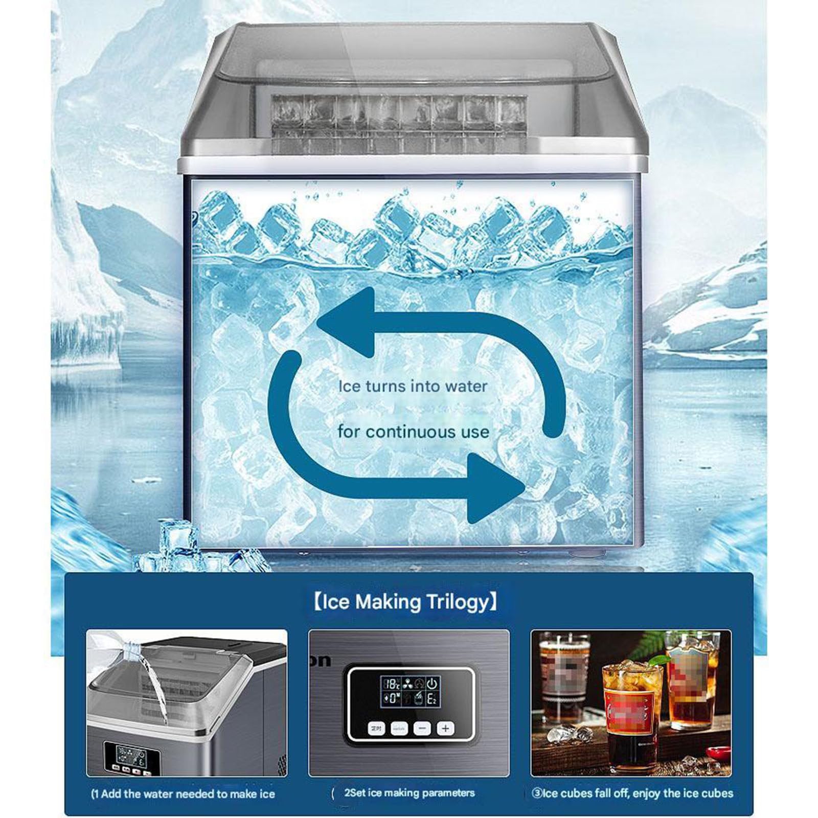 Máquina de hielo de sobremesa: 3 formas de añadir agua, producción de hielo de 25 kg/día, capacidad de almacenamiento de 1,3 kg para uso en el hogar, la cocina, la oficina y el bar (adicional).