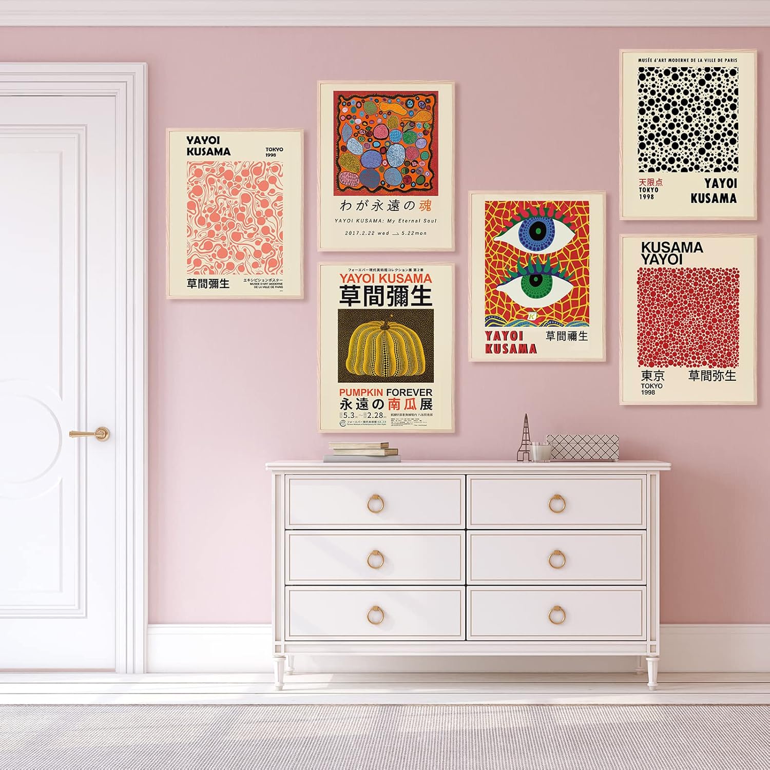 Whaline Yayoi Kusama Wall Art Set of 9 Kusama Poster Gallery Modern Fine Art Prints 8 x 10 Abstract Pumpkin Grains Polka Dots Artwork Exhibition Painting with Glue Points Living Room Decor, Unframed: Posters & Prints