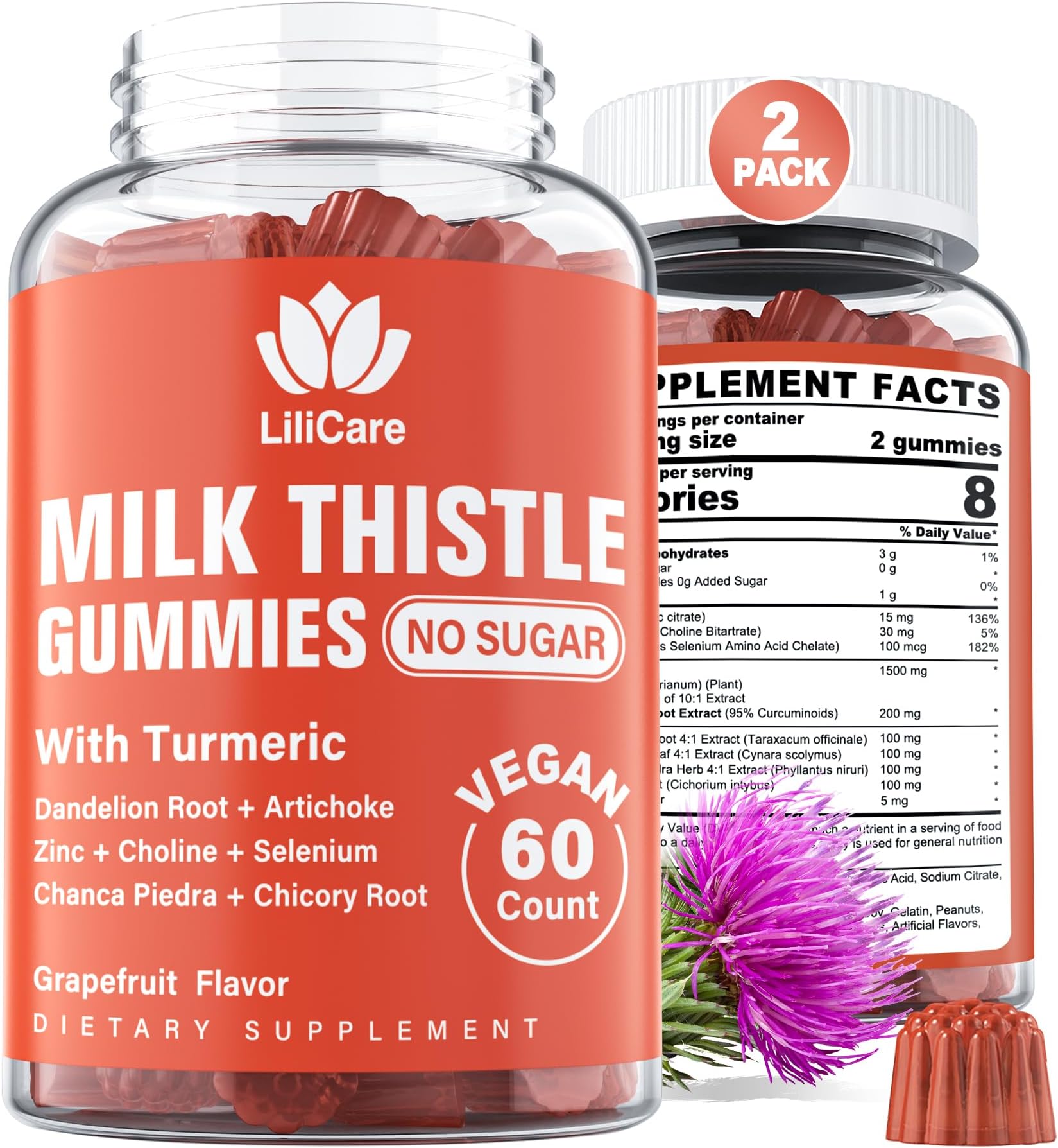 Sugar Free Liver Cleanse Detox & Repair Gummies - Milk Thistle Supplement with 80% Silymarin Organic Milk Thistle, Artichoke, Turmeric, Dandelion Root, Choline, Chanca Piedra, Vegan (Pack of 2)