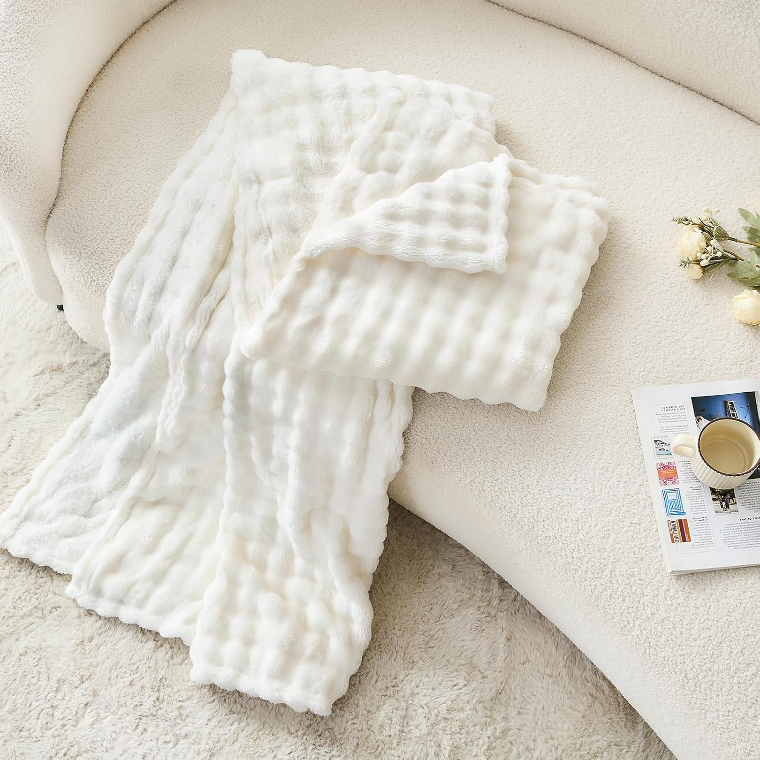 3D Bubble Plush Blanket Textured Fleece Throw Soft Warm Cozy Blanket Couch Bed Twin Snow White 60x80 Inches - Image 5