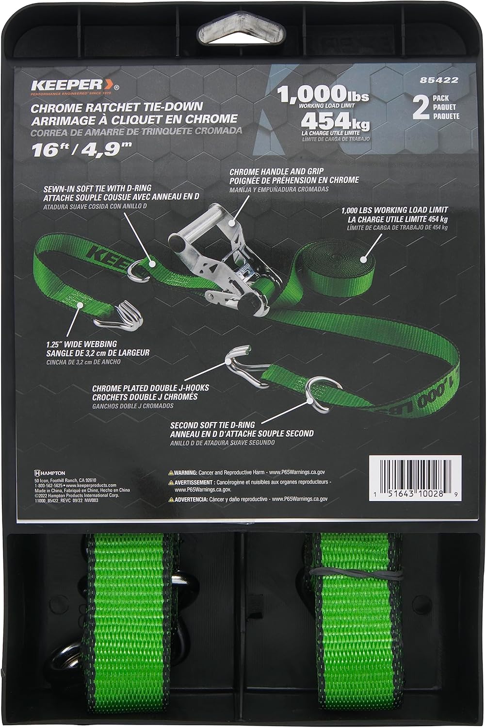 Keeper – 3,000 lbs. Break Strength Chrome Ratchet Tie-Down with Double J Hooks, 2 Pack – 1,000 lbs. Working Load Limit
