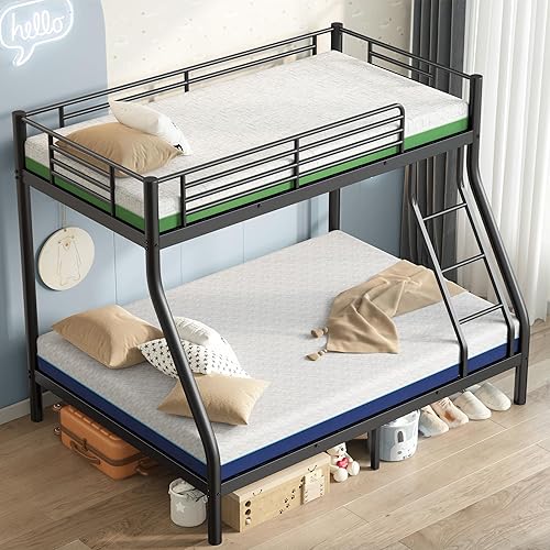 SDHYL Twin Over Full Bunk Bed with Mattresses, Heavy Duty Metal Bunk Bed for Adults, Includes 6 Inch Memory Foam Mattresses, Guardrail & Ladder, Space-Saving, Easy Assembly, Black | Mattresses Included, Space Saving, No Box Spring Needed