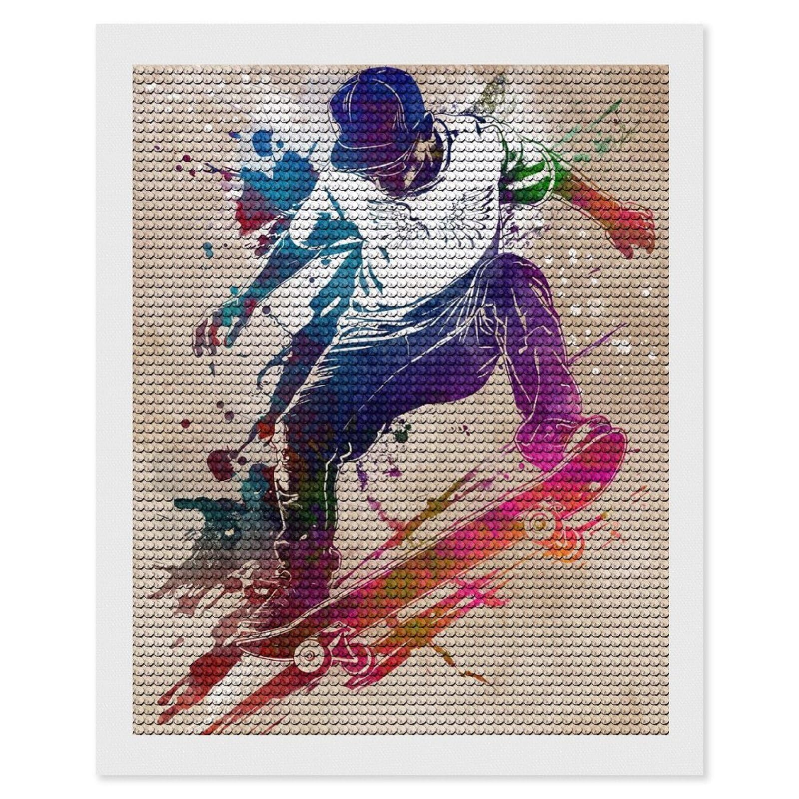 Junmoney Skateboarder Watercolor Art Diamond Art Kit 16"x20", for Beginners, Vintage Style Decor, Good for Quiet Evenings, Festive Craft Gift