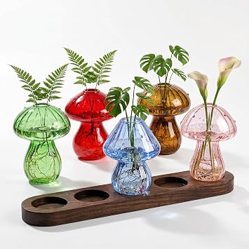 Mushroom Vase, Mushroom Propagation Stations Vases, Colored Glass Vase Set of 5, Hydroponic Glass Container for Plants, Bud Vases for Home Office Decor