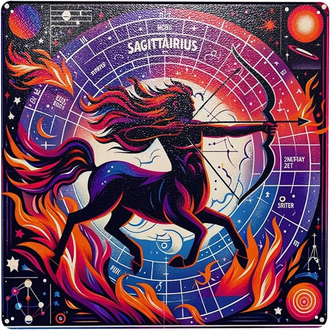 Sagittarius Fire Archer constellations Metal Wall Decor Art Astrological Sign Decor Tin Plaque,Celestial Home Decor For Living Room,Bedroom,Retro Zodiac Poster,Gift For Astrology Enthusiasts 8x8inch