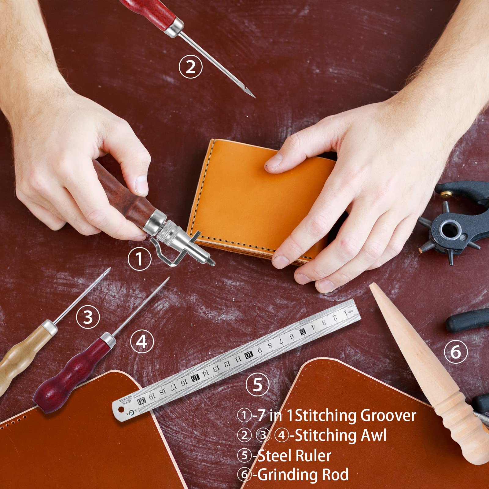 selliner Leather Tools for Working Professional Beginners, with Waxed Thread Stitching Groover Awl - Image 3