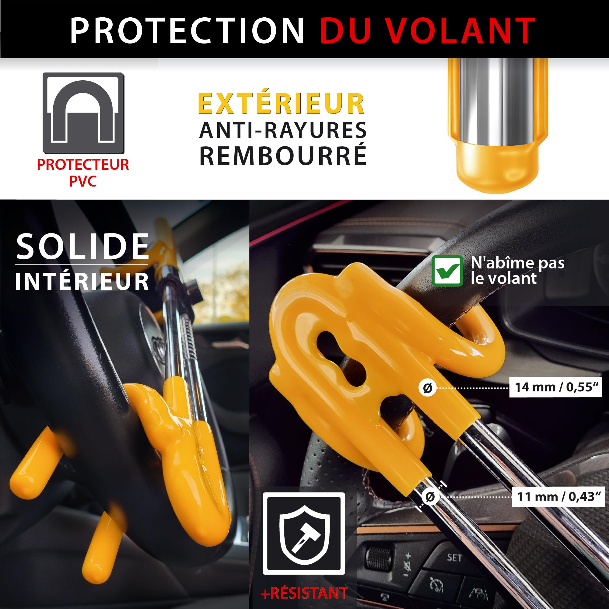 KRASER KR842Y Antivol Voiture, Haute Sécurité, Canne Antivol Voiture Double Barre, Bloque Volant Plus Robuste et Dissuasif, Crochets Protection Anti-Rayures, Bloc Anti Vol Universel Auto Camping-Car