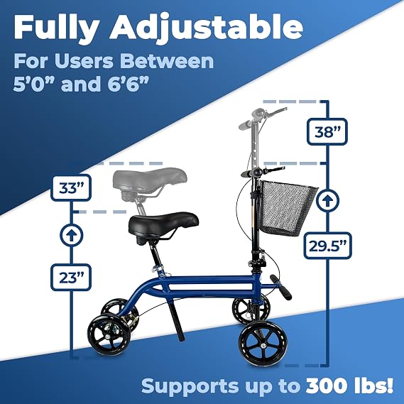 KneeRover Steerable Seated Scooter Mobility Knee Walker - Sitting Scooter with Leg Rest and Comfortable Gel Seat - Knee Walking Scooter Crutch Alternative for Leg, Ankle and Foot Injuries (Blue)