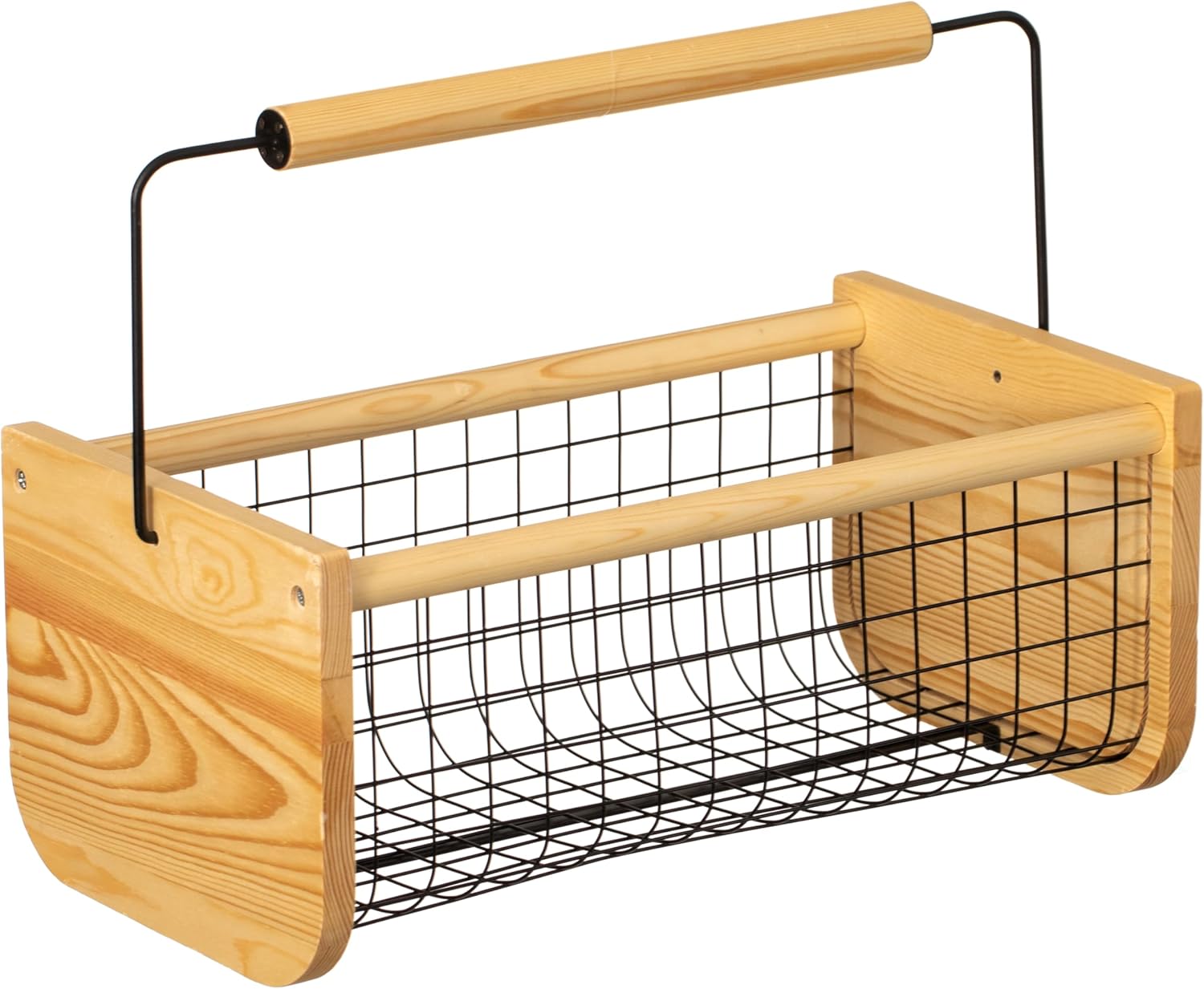 Gardenised Vintage Harvest Basket Pine Wood & Metal Mesh Wire Design Wooden Frame with Straight Handle for Fruits Vegetables Kitchen Organization Decorative Storage Home Décor & Garden Display