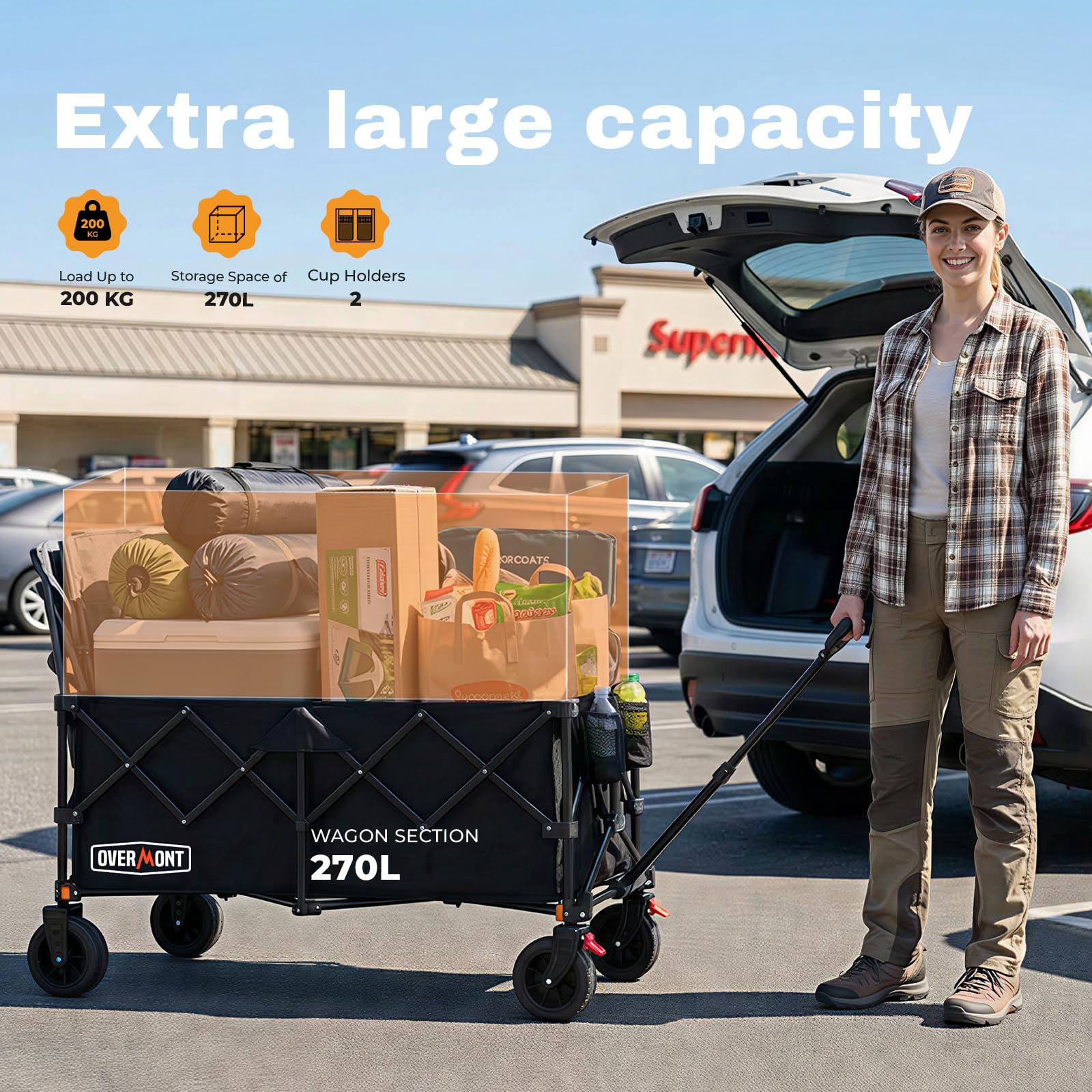 Overmont Carro Plegable XXL 118 cm - 270 L Gran Capacidad, Carga hasta 200 kg - Carro de Transporte Alta Resistencia con Ruedas Grandes Todo Terreno, Modelo Alargado - para Playa, Jardín y Compras