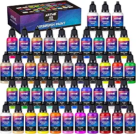 Tinta para aerógrafo, ARTME 42 cores com 3 cores mais finas, prontas para pulverizar, opacas e à base de água, conjunto de tintas acrílicas para aerógrafo, incluindo cores metálicas e neon, tintas de