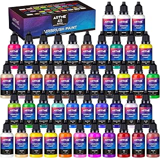 Airbrush Paint, ARTME 42 Colors with 3 Thinner, Ready to Spray, Opaque & Water Based Acrylic Airbrush Paint Set Including Metallic & Neon Colors, Premium Air brush Paints for Metal, Models, Plastic, Canvas, and Wood