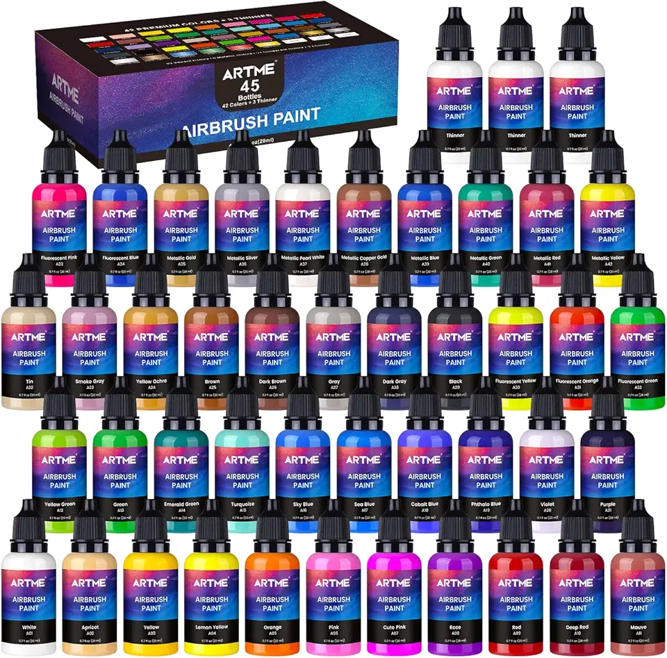 Tinta para aerógrafo, ARTME 42 cores com 3 cores mais finas, prontas para pulverizar, opacas e à base de água, conjunto de tintas acrílicas para aerógrafo, incluindo cores metálicas e neon, tintas de
