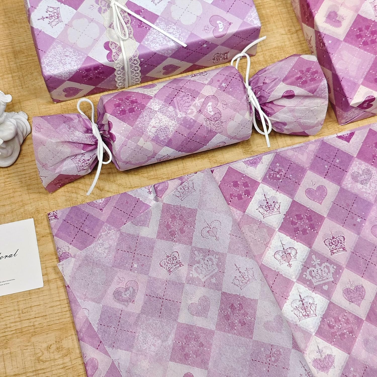 LIAPAWPAW Princess Tissue Paper, Purple Hearts & Crowns Checkered Pattern, 20x14 in, 60 Sheets, Cute Girly Gift Wrap Tissue Paper for Gift Bag, Art Craft Packaging for Birthday Baby Shower Party Decor image 5