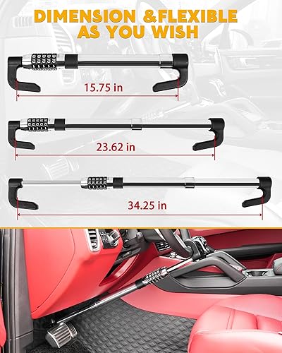 Miniatura 2 de Tevlaphee Cerradura del volante antirrobo, dispositivo retráctil de pedal de freno, contraseña sin llave, combinación de 5 códigos, dispositivo de