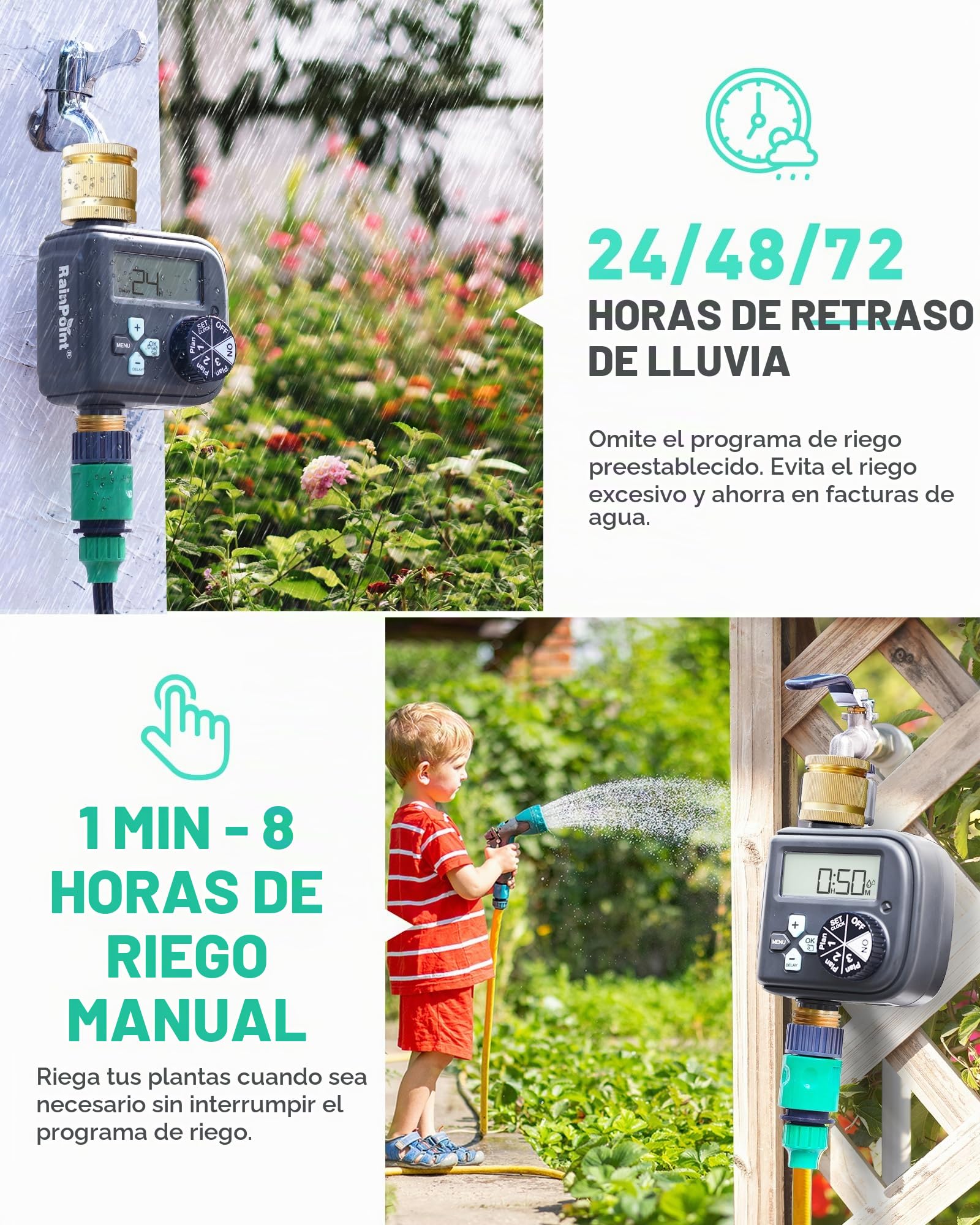 RAINPOINT Programador Riego Automatico con Entrada y Salida de Latón, Temporizador Riego con 3 Horarios, Programable por Semana/Intervalo de Horas y Días, Programador de Riego para Jardín, Césped