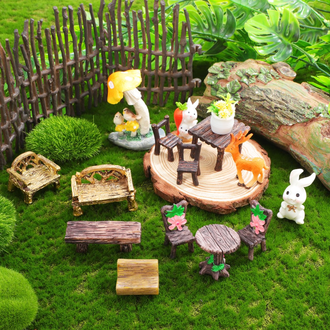ABOOFAN 10Pcs Fairy Garden Furniture Ornaments, Miniature Table, Benches and Chairs Set for Dollhouse Fairy Garden, Terrarium - Image 3