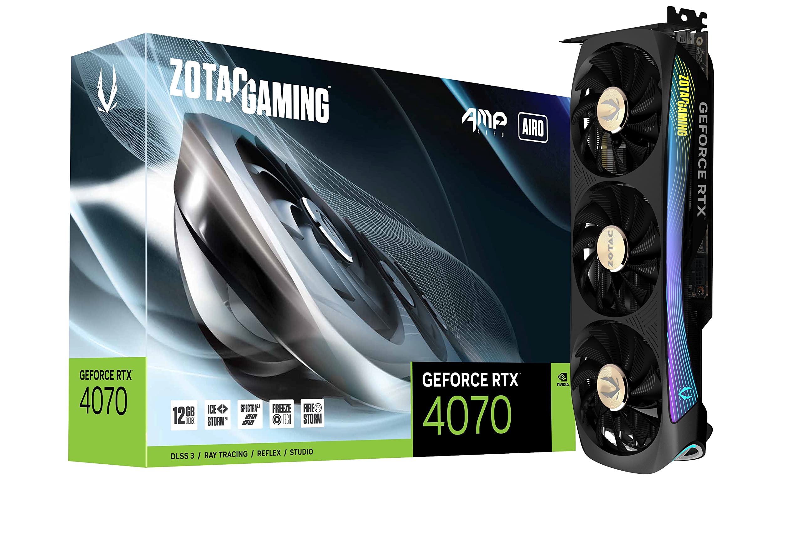 ZOTACGaming GeForce RTX 4070 AMP AIRO DLSS 3 12GB GDDR6X 192-bit 21 Gbps PCIE 4.0 Gaming Graphics Card, IceStorm 2.0 Advanced Cooling, Spectra 2.0 RGB Lighting, ZT-D40700F-10P, Black