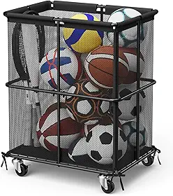 smusei Caixa de armazenamento de bolas rolante carrinho de armazenamento de bolas esportivas garagem organizador de equipamentos esportivos rack com rodas cesta ao ar livre gaiola de bola para garagem