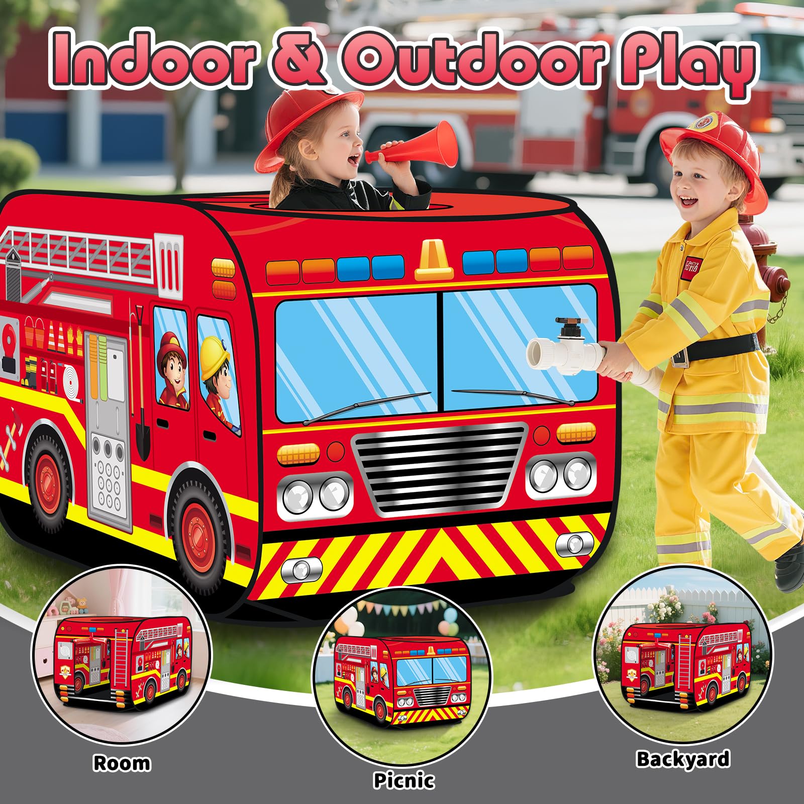 deAO Tente de Jeu pour Enfants Tente Jeux Conception Pop-Up Assemblage Rapide Activités Récréatives Intérieures et Extérieures Aire de Loisirs (Pompiers)