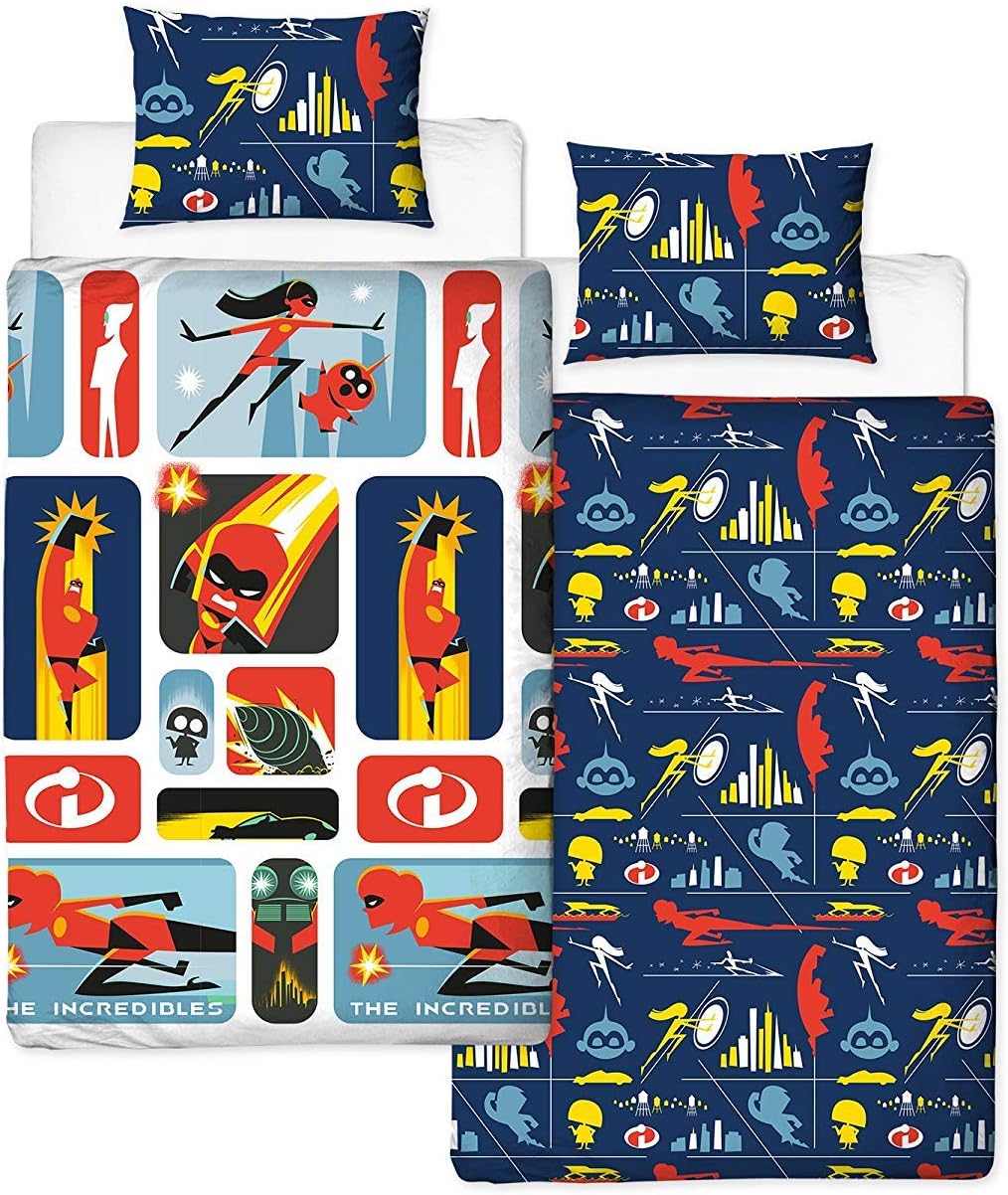 Character The Incredibles Disney 2 Single Duvet Cover | Reversible Retro Two Sided Design | Kids Bedding Set Includes Matching Pillow Case