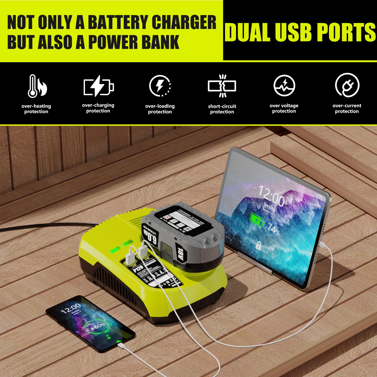 Cargador de repuesto para Ryobi 18V cargador de batería P117 (con 2 puertos USB), compatible con Ryobi Battery 12V-18V One+ batería NiCad NiMh de litio P102 P108 P103 P105 P107 P190 PBP002